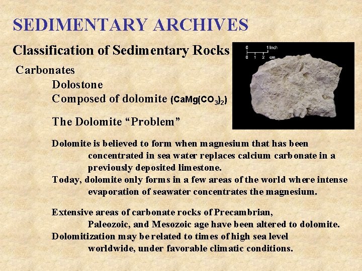 SEDIMENTARY ARCHIVES Classification of Sedimentary Rocks Carbonates Dolostone Composed of dolomite (Ca. Mg(CO 3)2)