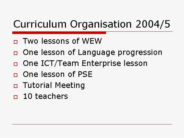 Curriculum Organisation 2004/5 o o o Two lessons of WEW One lesson of Language