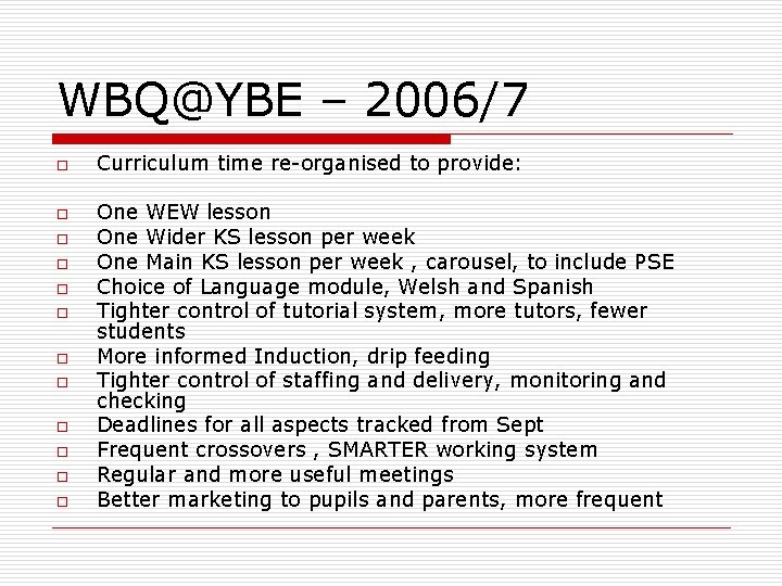 WBQ@YBE – 2006/7 o o o Curriculum time re-organised to provide: One WEW lesson