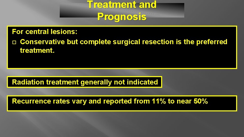 Treatment and Prognosis For central lesions: Conservative but complete surgical resection is the preferred