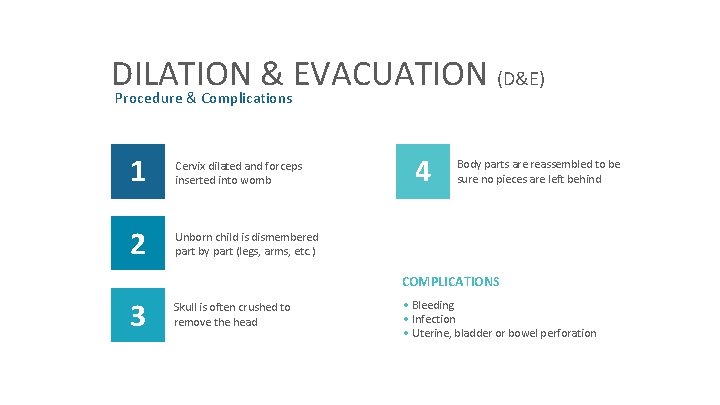 DILATION & EVACUATION (D&E) Procedure & Complications 1 Cervix dilated and forceps inserted into