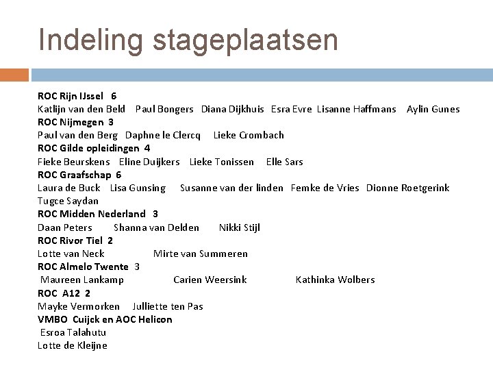 Indeling stageplaatsen ROC Rijn IJssel 6 Katlijn van den Beld Paul Bongers Diana Dijkhuis