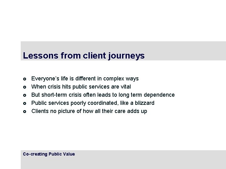 Lessons from client journeys £ £ £ Everyone’s life is different in complex ways