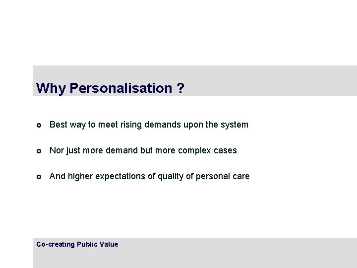 Why Personalisation ? £ Best way to meet rising demands upon the system £