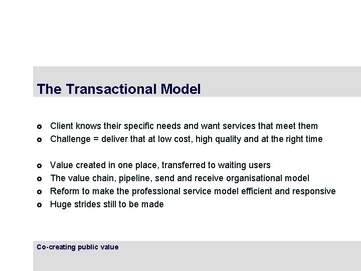 The Transactional Model £ £ £ Client knows their specific needs and want services