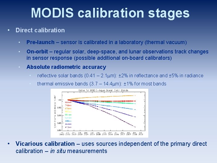 MODIS calibration stages • Direct calibration • Pre-launch – sensor is calibrated in a