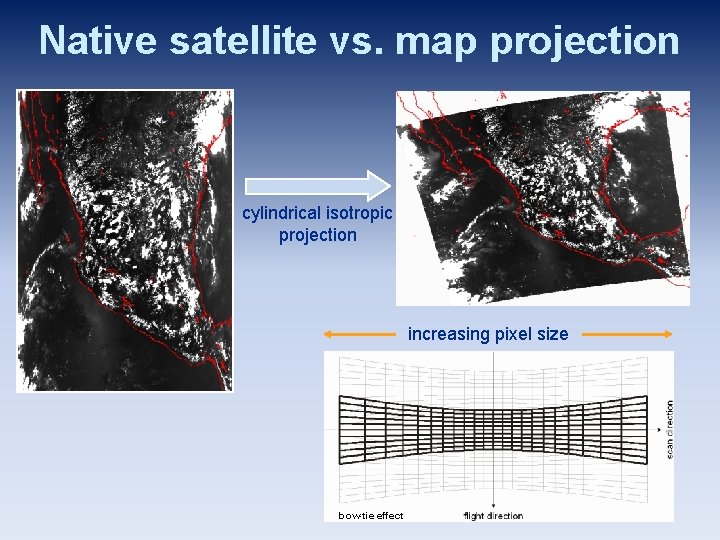 Native satellite vs. map projection cylindrical isotropic projection increasing pixel size bow-tie effect 