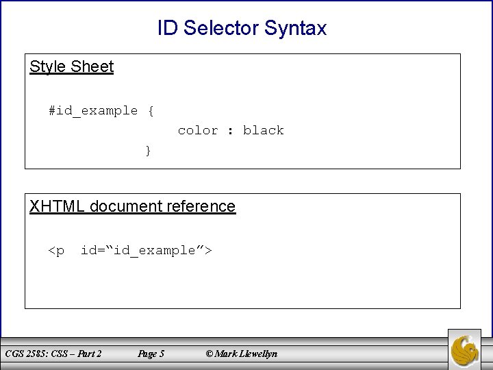 ID Selector Syntax Style Sheet #id_example { color : black } XHTML document reference