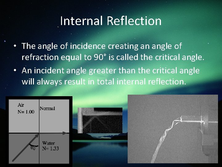 Internal Reflection • The angle of incidence creating an angle of refraction equal to