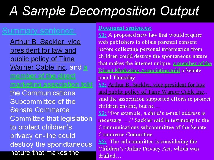 A Sample Decomposition Output Summary sentence: Document sentences: S 1: A proposed new law