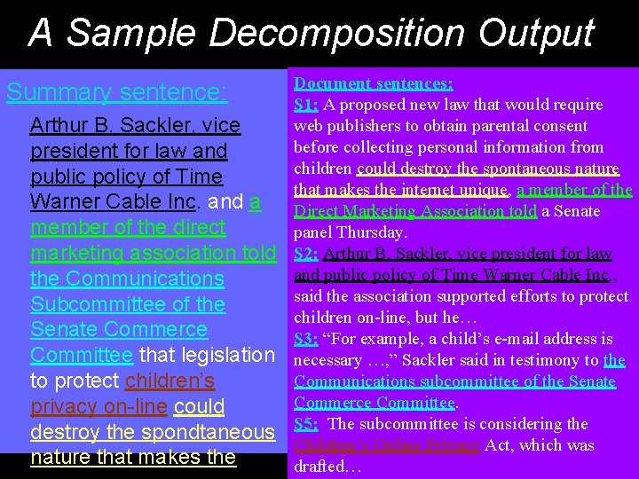 A Sample Decomposition Output Summary sentence: Document sentences: S 1: A proposed new law