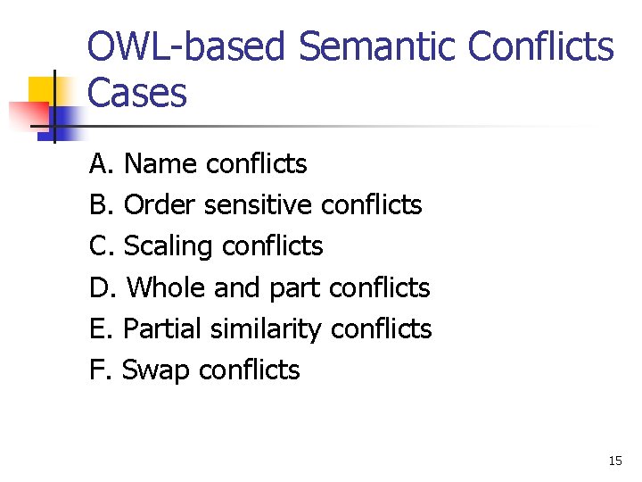 OWL-based Semantic Conflicts Cases A. Name conflicts B. Order sensitive conflicts C. Scaling conflicts OWL-based Semantic Conflicts Cases A. Name conflicts B. Order sensitive conflicts C. Scaling conflicts