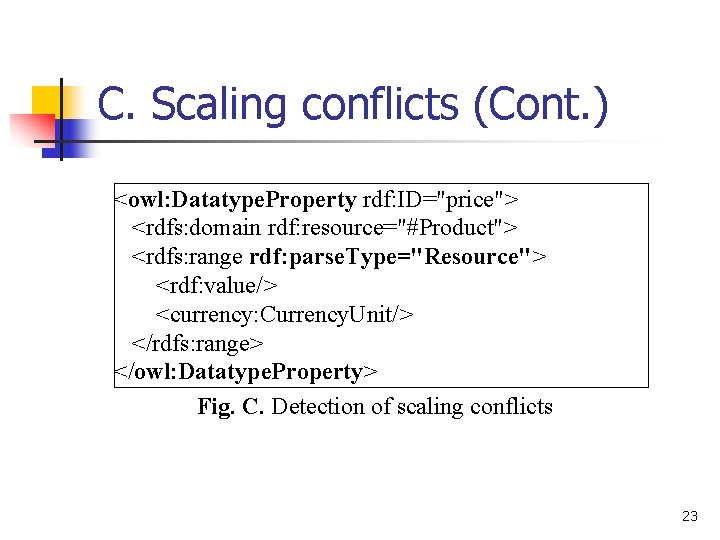 C. Scaling conflicts (Cont. ) <owl: Datatype. Property rdf: ID="price"> <rdfs: domain rdf: resource="#Product"> C. Scaling conflicts (Cont. ) <owl: Datatype. Property rdf: ID="price"> <rdfs: domain rdf: resource="#Product">