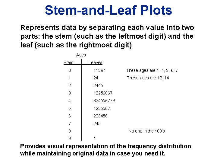 Stem-and-Leaf Plots Represents data by separating each value into two parts: the stem (such Stem-and-Leaf Plots Represents data by separating each value into two parts: the stem (such
