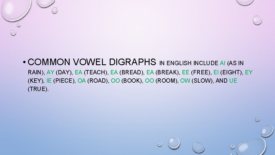  • COMMON VOWEL DIGRAPHS IN ENGLISH INCLUDE AI (AS IN RAIN), AY (DAY),