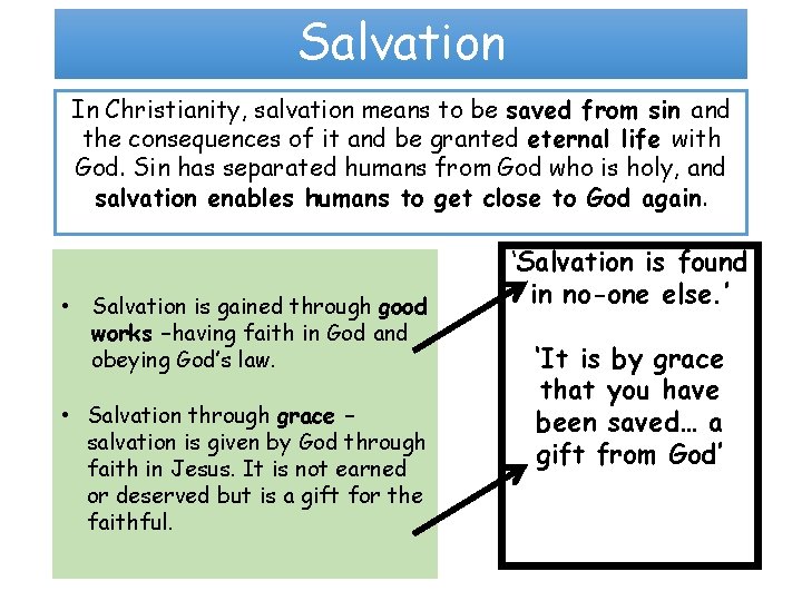 Salvation In Christianity, salvation means to be saved from sin and the consequences of