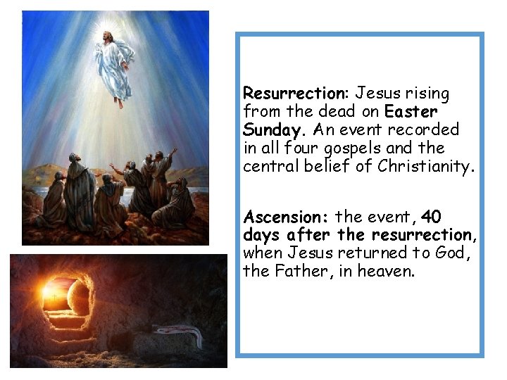 Resurrection: Jesus rising from the dead on Easter Sunday. An event recorded in all