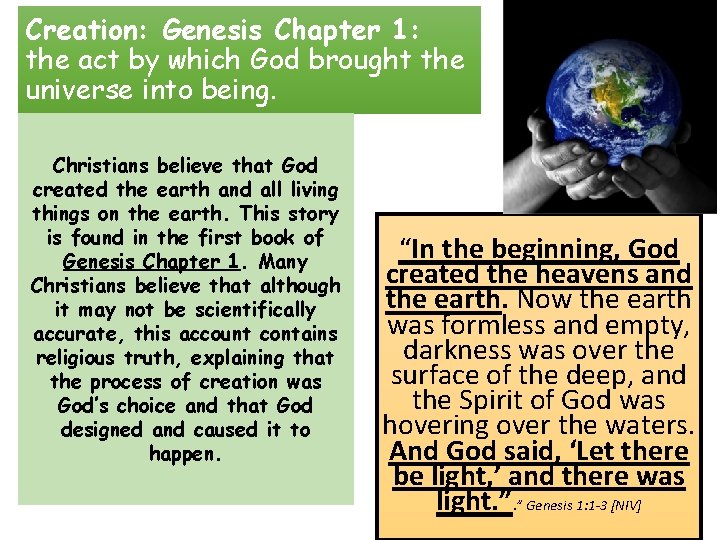 Creation: Genesis Chapter 1: the act by which God brought the universe into being.