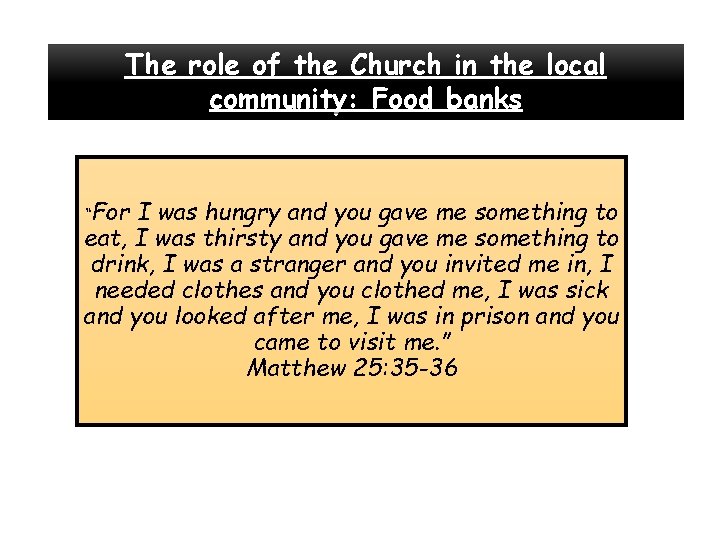 The role of the Church in the local community: Food banks “For I was