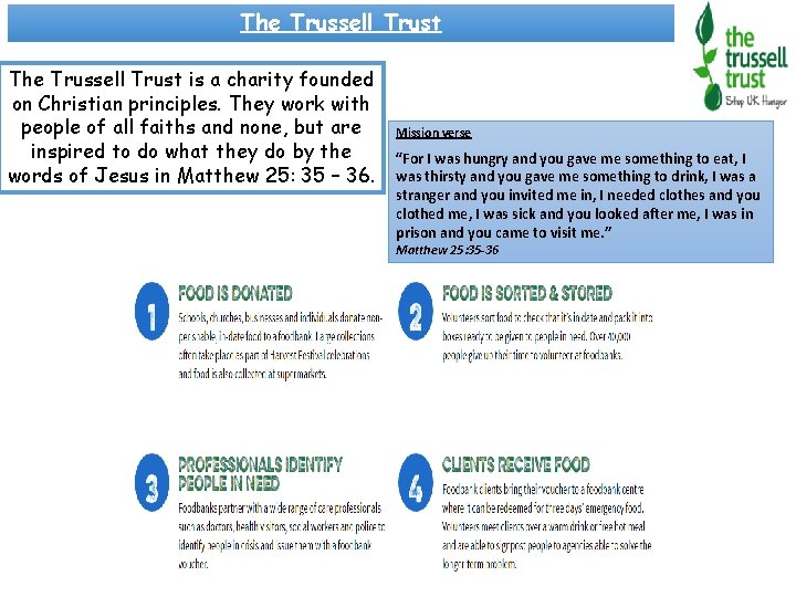 The Trussell Trust is a charity founded on Christian principles. They work with people