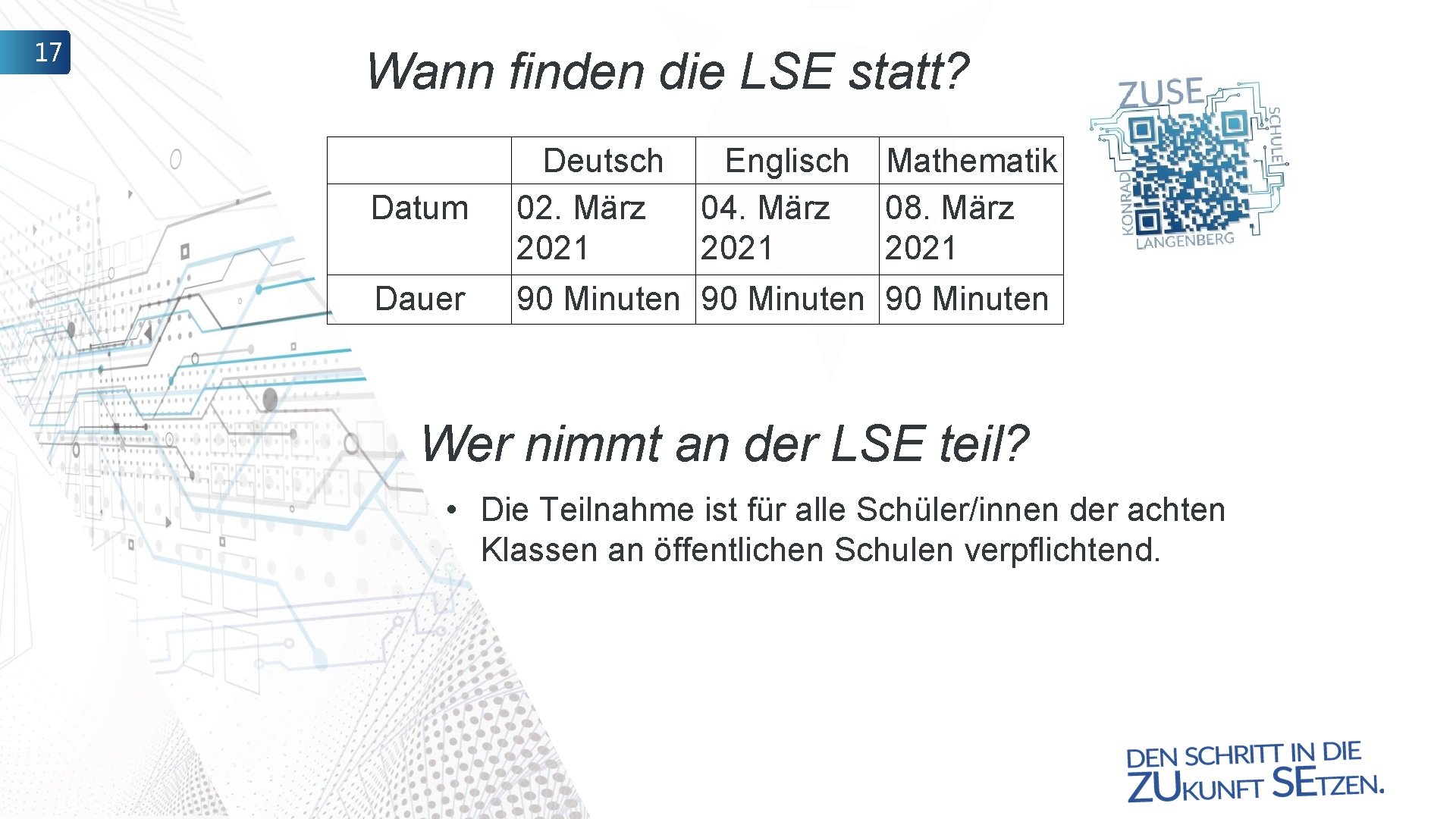 17 Wann finden die LSE statt? Datum Deutsch 02. März 2021 Englisch 04. März