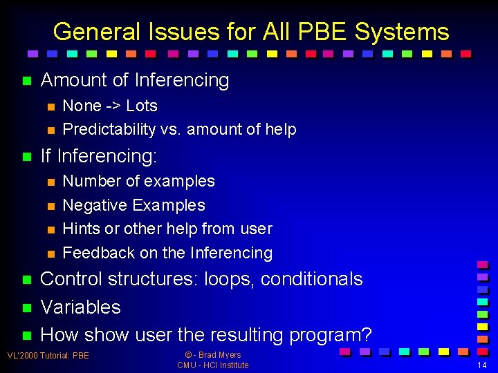 General Issues for All PBE Systems n Amount of Inferencing n n n If