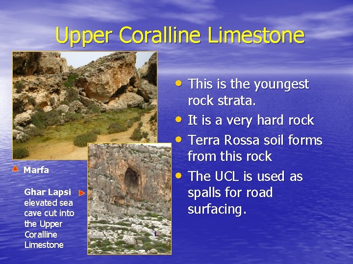Upper Coralline Limestone • This is the youngest • • Marfa Ghar Lapsi elevated
