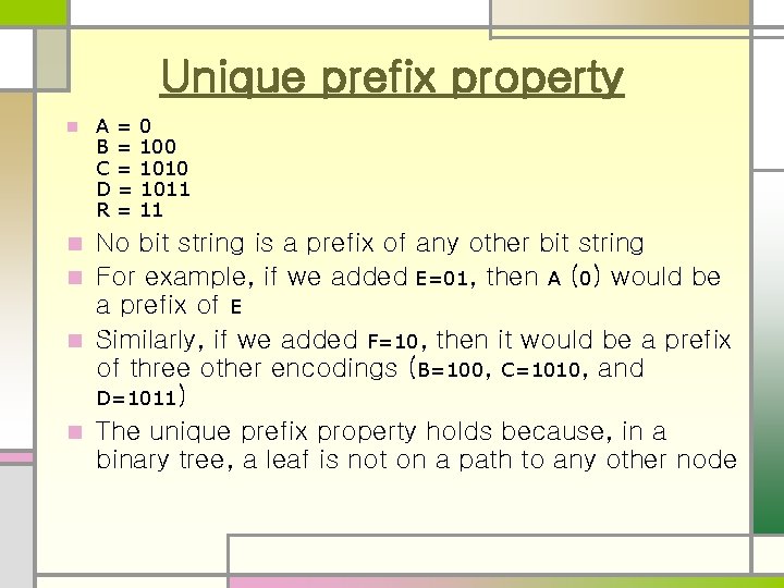 Unique prefix property n A=0 B = 100 C = 1010 D = 1011 Unique prefix property n A=0 B = 100 C = 1010 D = 1011