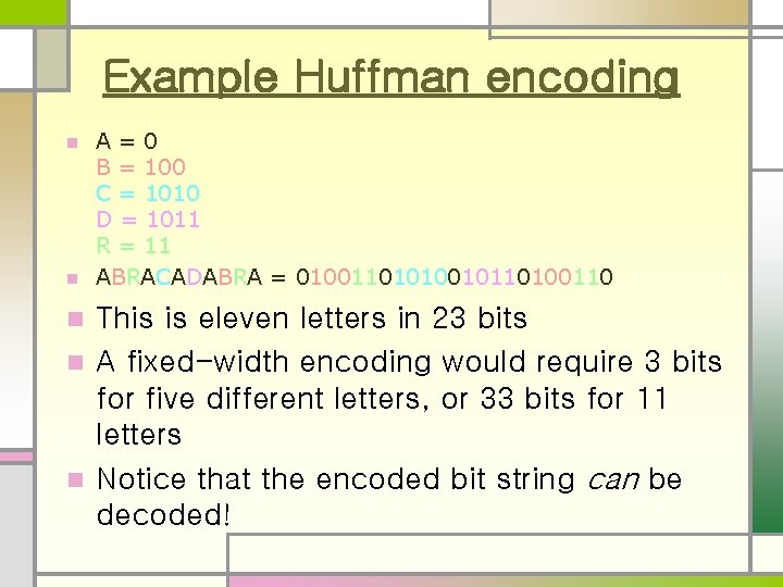 Example Huffman encoding A=0 B = 100 C = 1010 D = 1011 R Example Huffman encoding A=0 B = 100 C = 1010 D = 1011 R