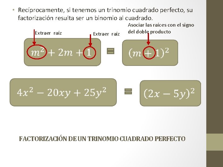  • Recíprocamente, si tenemos un trinomio cuadrado perfecto, su factorización resulta ser un