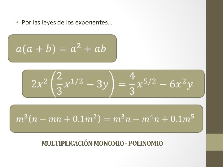  • Por las leyes de los exponentes… MULTIPLICACIÓN MONOMIO - POLINOMIO 