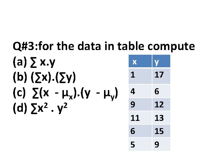 Q#3: for the data in table compute x y (a) ∑ x. y 1
