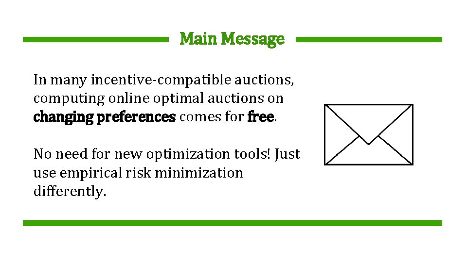 Main Message In many incentive-compatible auctions, computing online optimal auctions on changing preferences comes Main Message In many incentive-compatible auctions, computing online optimal auctions on changing preferences comes
