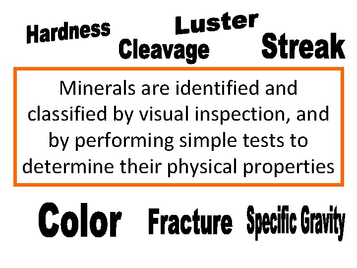 Minerals are identified and classified by visual inspection, and by performing simple tests to