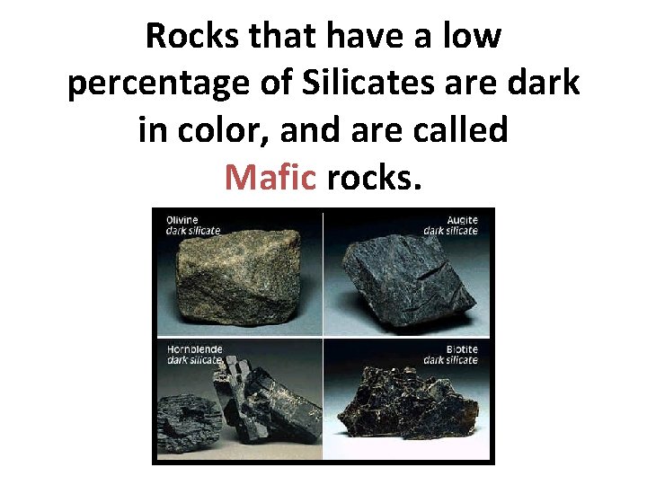 Rocks that have a low percentage of Silicates are dark in color, and are