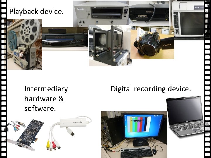 Playback device. Intermediary hardware & software. Digital recording device. 