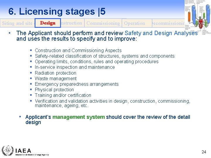 6. Licensing stages |5 Design. Construction Commissioning Operation Decommissioning Siting and site evaluation •