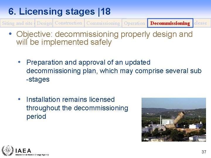 6. Licensing stages |18 Design Construction Commissioning Operation Decommissioning Release Siting and site evaluation