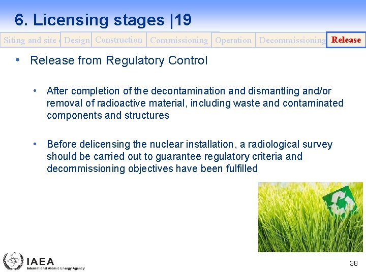 6. Licensing stages |19 Design Construction Commissioning Operation Decommissioning Release Siting and site evaluation