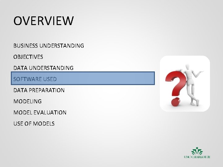 OVERVIEW BUSINESS UNDERSTANDING OBJECTIVES DATA UNDERSTANDING SOFTWARE USED DATA PREPARATION MODELING MODEL EVALUATION USE