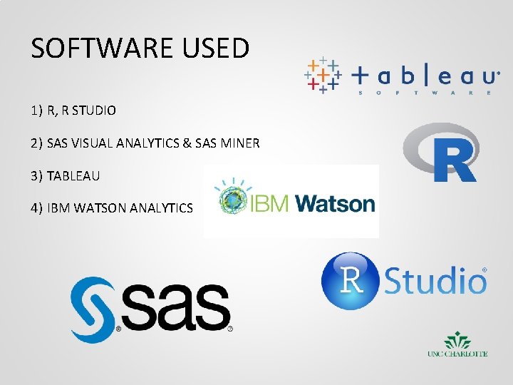 SOFTWARE USED 1) R, R STUDIO 2) SAS VISUAL ANALYTICS & SAS MINER 3)