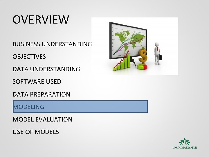 OVERVIEW BUSINESS UNDERSTANDING OBJECTIVES DATA UNDERSTANDING SOFTWARE USED DATA PREPARATION MODELING MODEL EVALUATION USE