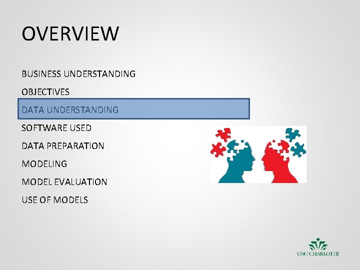 OVERVIEW BUSINESS UNDERSTANDING OBJECTIVES DATA UNDERSTANDING SOFTWARE USED DATA PREPARATION MODELING MODEL EVALUATION USE