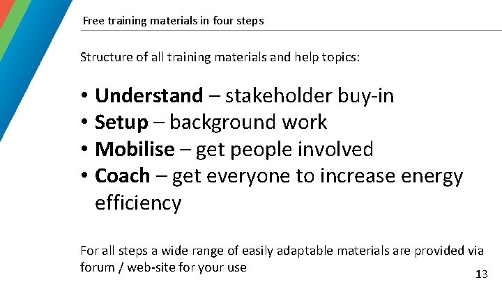 Free training materials in four steps Structure of all training materials and help topics: