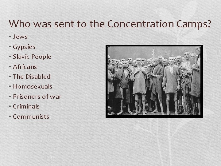 Who was sent to the Concentration Camps? • Jews • Gypsies • Slavic People