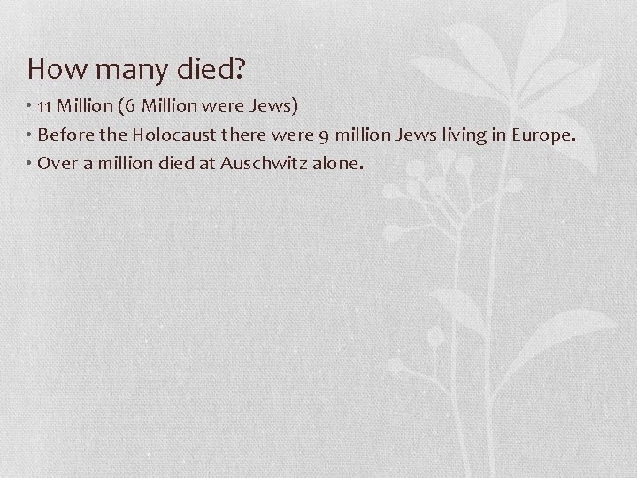 How many died? • 11 Million (6 Million were Jews) • Before the Holocaust