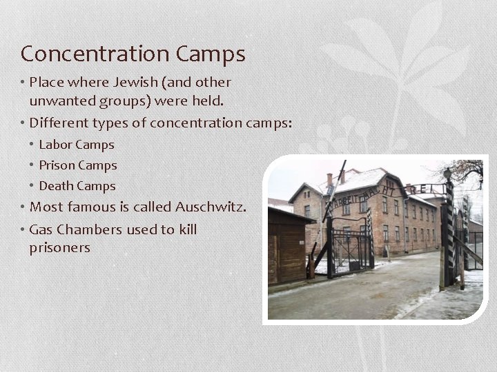 Concentration Camps • Place where Jewish (and other unwanted groups) were held. • Different