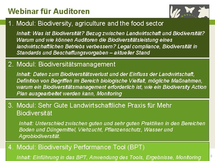 Webinar für Auditoren 1. Modul: Biodiversity, agriculture and the food sector Inhalt: Was ist