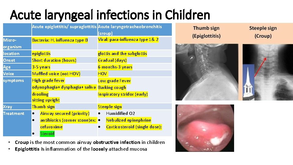 Acute laryngeal infections in Children Microorganism location Onset Age Voice symptoms Xray Treatment Acute