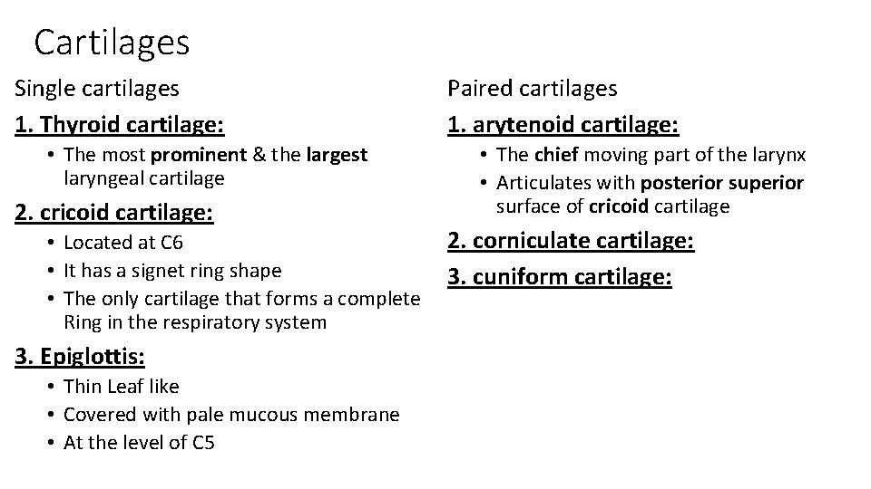 Cartilages Single cartilages 1. Thyroid cartilage: • The most prominent & the largest laryngeal